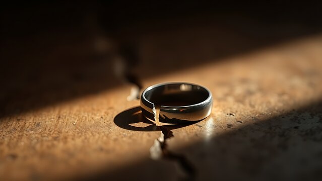 toroidal. A broken wedding ring lies on wood with a visible crack and side lighting. wellbeing guides, coaching materials, designed for coaching and self-improvement content, used by videographers.