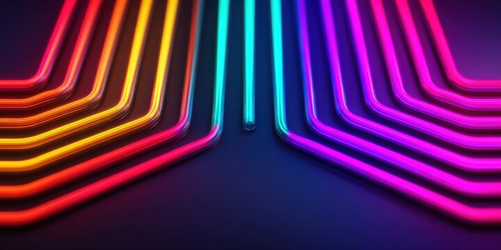 Cyberpunk video backdrop, A vibrant arrangement of colorful neon tubes creating a visually striking geometric pattern against a dark background.