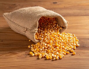 Close-up of maize seeds pouring out of a burlap pouch, creating a natural and organic food concept.