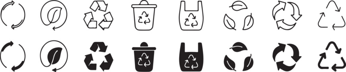 Recycling and Eco Icon Set - Environmental Protection, Waste Management, and Sustainable Line & Solid Vector Symbols
