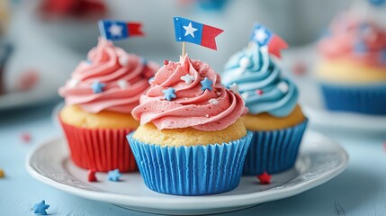 Delicious patriotic cupcakes with red, white, and blue frosting and decorations