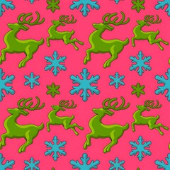 Obraz premium Swirling Psychedelic 3D Reindeer and Snowflake Seamless Pattern
