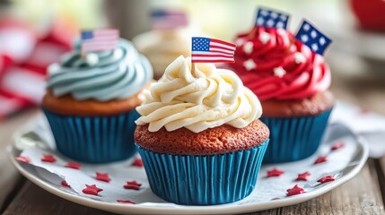 Patriotic cupcakes with american flags and red, white, and blue frosting swirls