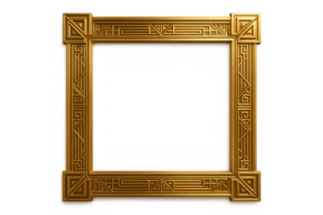 Elegant golden frame with art deco style ornate border and geometric pattern on transparent background