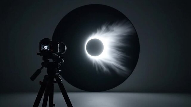 Camera films a mock total solar eclipse in dark, minimalist setting