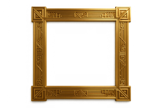 Elegant golden frame with art deco style ornate border and geometric pattern on transparent background