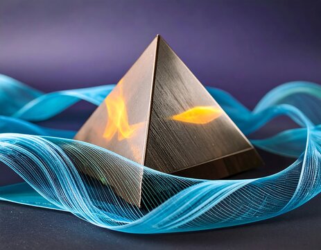 A geometric prism with simulated flame sits amid flowing blue fabric