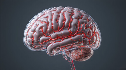 Detailed 3D rendering of the human brain showing stroke-affected blood vessels in a semi-transparent head profile. Perfect for medical and educational use