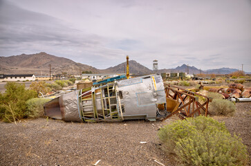 Wendover, Utah, USA – August 27, 2025: Test munitions rusting outside at the historic Wendover Airfield in the Utah desert.
