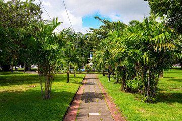 Walkway on Independence Square in Basseterre, Saint Kitts, a historic public square surrounded by colonial-era buildings and tropical greenery