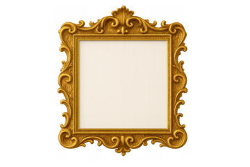 Golden ornate baroque picture frame with intricate scrollwork, providing a luxurious vintage empty border on transparent background