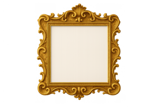 Golden ornate baroque picture frame with intricate scrollwork, providing a luxurious vintage empty border on transparent background