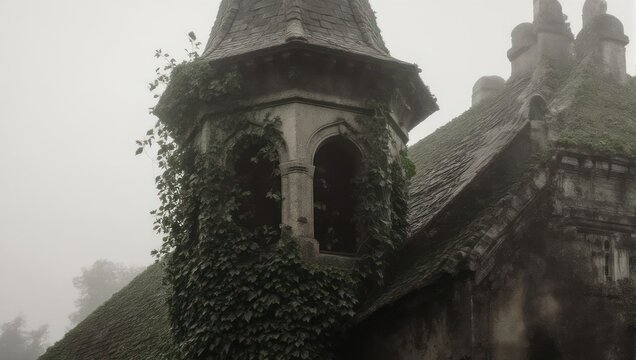 Mysterious Old Tower Covered in Ivy on a Foggy Day.