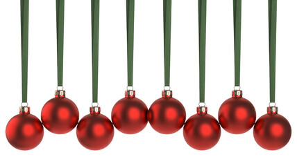 Festive red ornaments with green ribbons bring holiday cheer