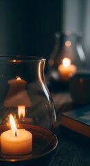 A cozy scene featuring a lit candle inside a glass holder with a blurred background of additional candles and soft lighting creating a warm ambiance