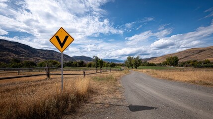 Curved Road Sign with Dramatic Sky Over Mountainous Landscape