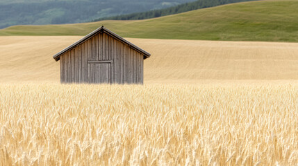 Small barn wheat field countryside peaceful golden landscape