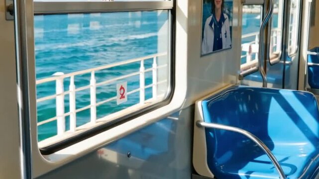 バカンス旅行海辺を走る電車の車内動画