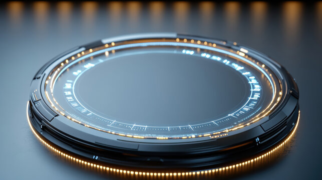Futuristic circular interface platform with illuminated rings and metallic surface