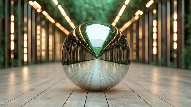 Reflective glass sphere corridor wooden floor elegant symmetry and calm - Powered by Adobe