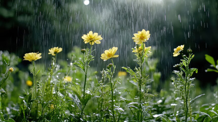 Yellow daisy flower yellow daisy rain wet leaves sunlight garden blossom stem petal dew macro