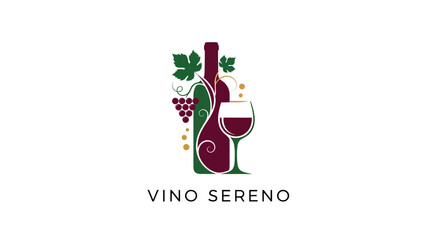 Wine Bottle and Glass Logo Design, Vino Sereno Brand Identity, Graphic Art, Modern Style, Elegant Environment, Creative Viewpoint