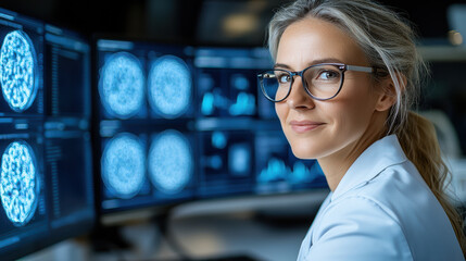 Female radiologist reviewing brain scan images on multiple monitors with focused expression