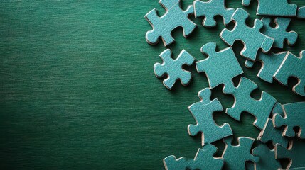 Scattered puzzle pieces create a captivating visual on a textured green surface