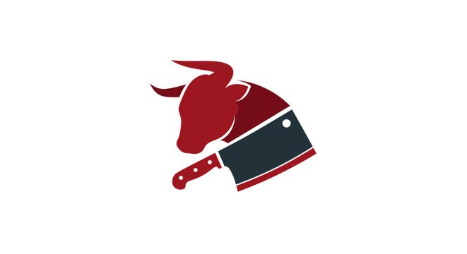 Butcher Preparing Beef in Kitchen Setting with Cleaver and Cow Symbol, Focused on Food Artistry