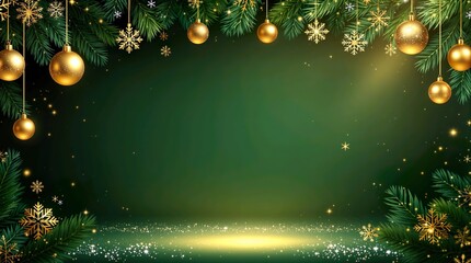 Luxury Christmas poster highlights forest green background with ornate gold baubles and snowflakes