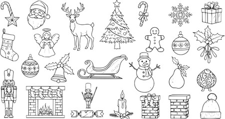 Obraz premium Hand-drawn Christmas Holiday Doodles and Elements Set. Line Art Vector Illustration Collection of Santa, Reindeer, Tree, Snowman, Gifts, and Other Xmas Symbols.