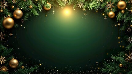 Luxury Christmas poster highlights forest green background with ornate gold baubles and snowflakes