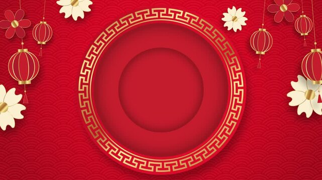 Paper-cut style Chinese New Year animation featuring a red circular frame, lanterns, clouds, and wide copy space. Perfect for festive greetings, promos, and Asian themed designs.
