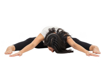 Woman performing a wide leg forward fold yoga pose isolated on transparent background