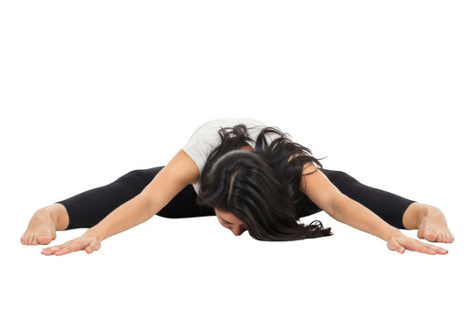 Woman performing a wide leg forward fold yoga pose isolated on transparent background
