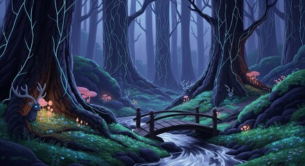 Enchanted Forest Stream - A Mystical Landscape with Glowing Flora.