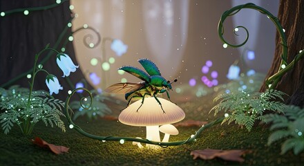 Enchanted Forest Scene with Glowing Mushroom and Insect.