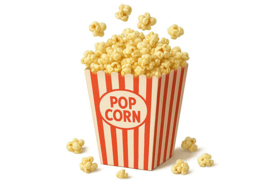 Popcorn overflowing from striped box for cinema, flying pieces for movie night and home entertainment on transparent background - Powered by Adobe