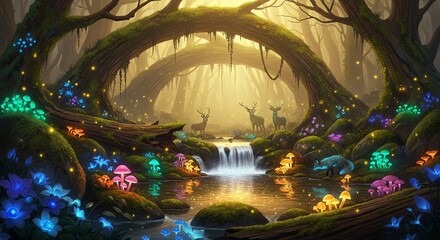 Enchanted Forest with Glowing Flora and Deer Silhouette.
