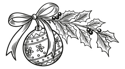 Vintage Hand-Drawn Christmas Ornament with Holly and Bow