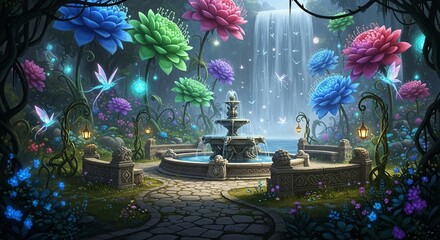 Enchanted Garden with Colorful Flowers, Fountain, and Magical Lights.