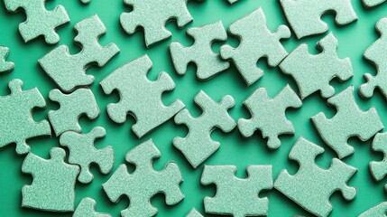 Scattered puzzle pieces on a vibrant green background create a playful composition