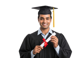 Smiling graduate in academic regalia holding diploma isolated on transparent background