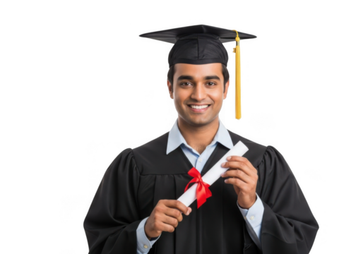 Smiling graduate in academic regalia holding diploma isolated on transparent background