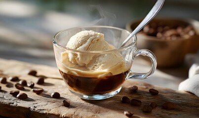 an affogato, creamy vanilla gelato scoop melting into freshly brewed espresso, served in a clear glass cup on a rustic wooden table, surrounded by scattered coffee beans