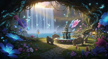 Enchanted Waterfall Oasis - A Magical Realm of Flora and Fauna.