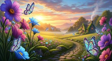 Enchanting Meadow at Sunset - A Whimsical Butterfly Garden.