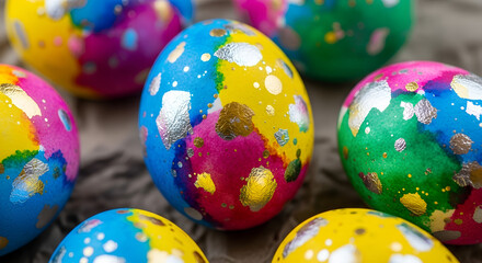 Colorful Easter eggs decorated with paint and foil on grey surface  