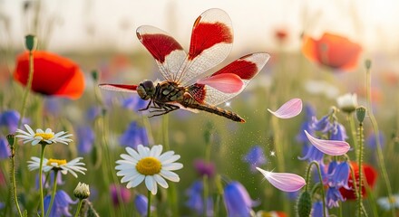 Fantasy insect with flower wings flying over a vibrant meadow.