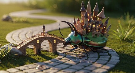 Fantasy Snail Castle on Stone Path - Whimsical Journey Through Enchanted Lands.